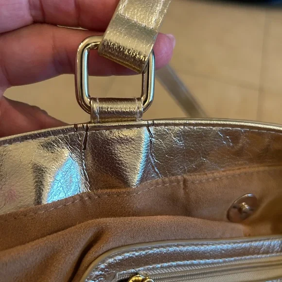 White House Black Market Stylish Gold and Tan Woven Women's Tote Bag - Picture 6 of 13